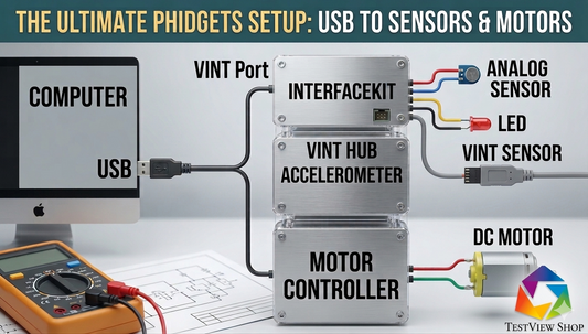 The setup connects to an analog sensor, LED, VINT sensor, and a DC motor